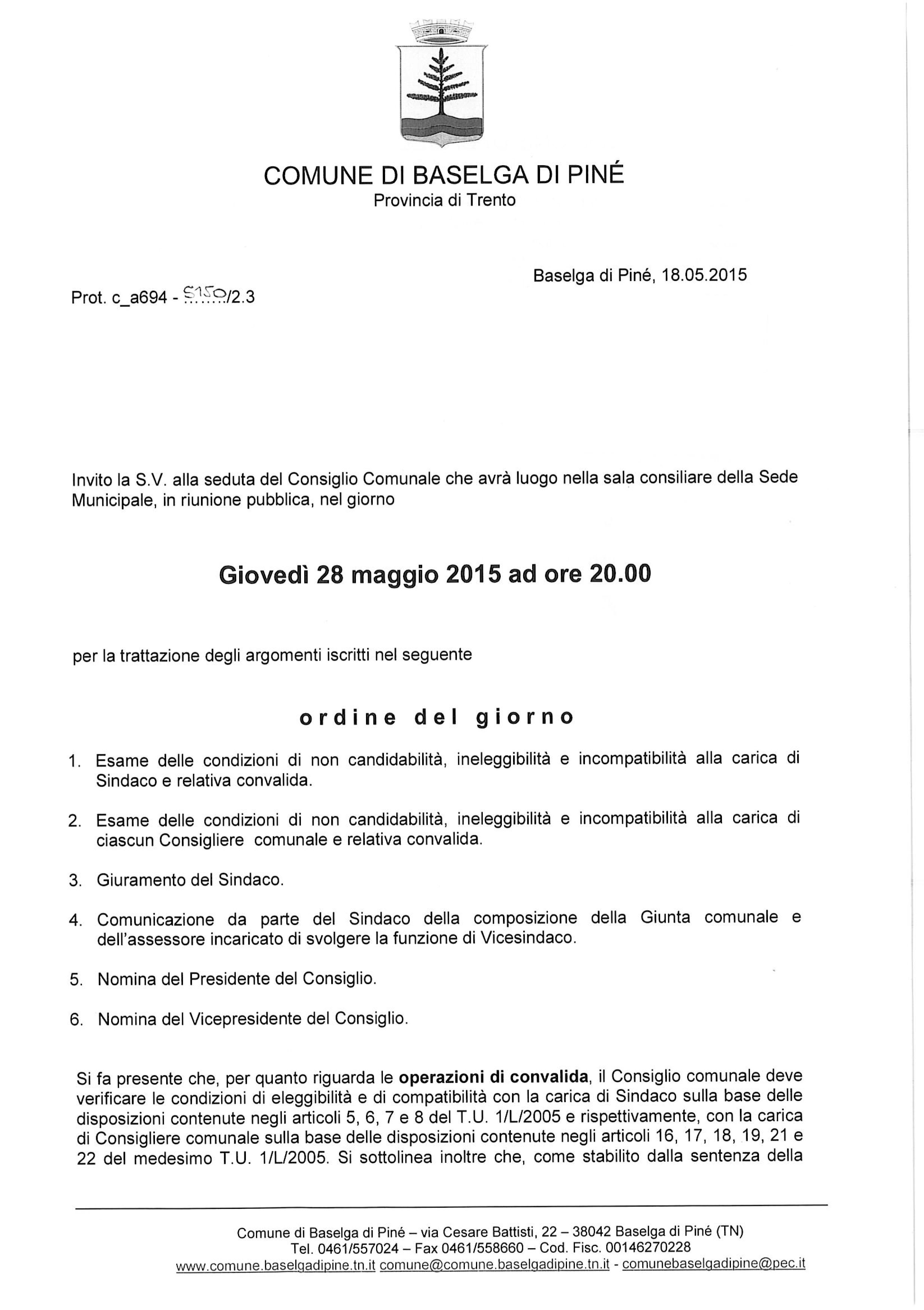 Convocazione consiglio comunale 28/05/2015