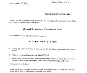 Convocazione consiglio comunale 22/10/2015