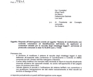 Risposta alla nostra interrogazione sul sistema di conferimento degli imballaggi leggeri