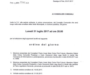 Convocazione Consiglio Comunale 31/07/2017