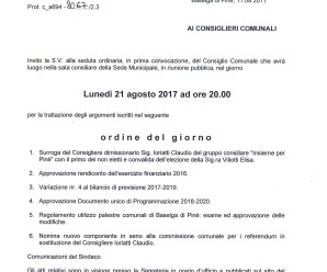 Convocazione Consiglio Comunale 21/08/2017