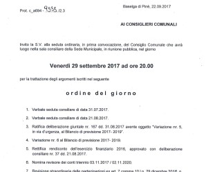 Convocazione Consiglio Comunale 29/09/2017