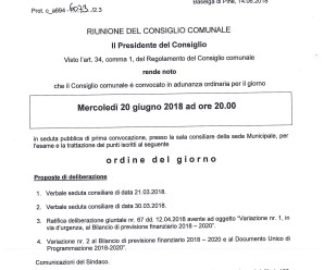 Convocazione Consiglio Comunale 20/06/2018