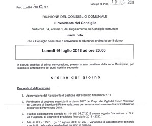 Convocazione Consiglio Comunale 16/07/2018