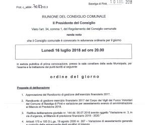 Convocazione Consiglio Comunale 16/07/2018