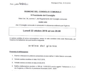 Convocazione Consiglio Comunale 22/10/2018