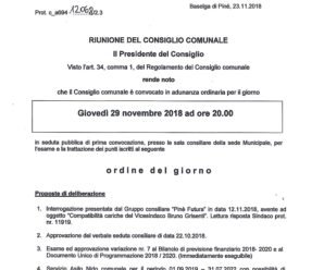 Convocazione Consiglio Comunale 29/11/2018