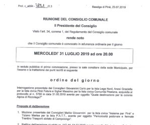 Convocazione Consiglio Comunale 31/07/2019