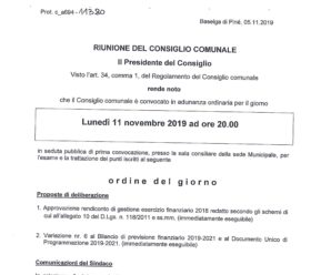 CONVOCAZIONE CONSIGLIO COMUNALE 11/11/2019