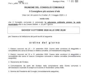 Primo Consiglio Comunale della consigliatura 2020-2025 giovedì 8 ottobre alle ore 20.00