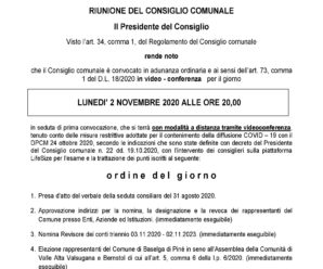 CONVOCAZIONE CONSIGLIO COMUNALE 02/11/2020
