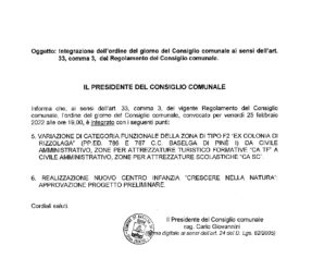 INTEGRAZIONE CONSIGLIO COMUNALE 25/02/2022